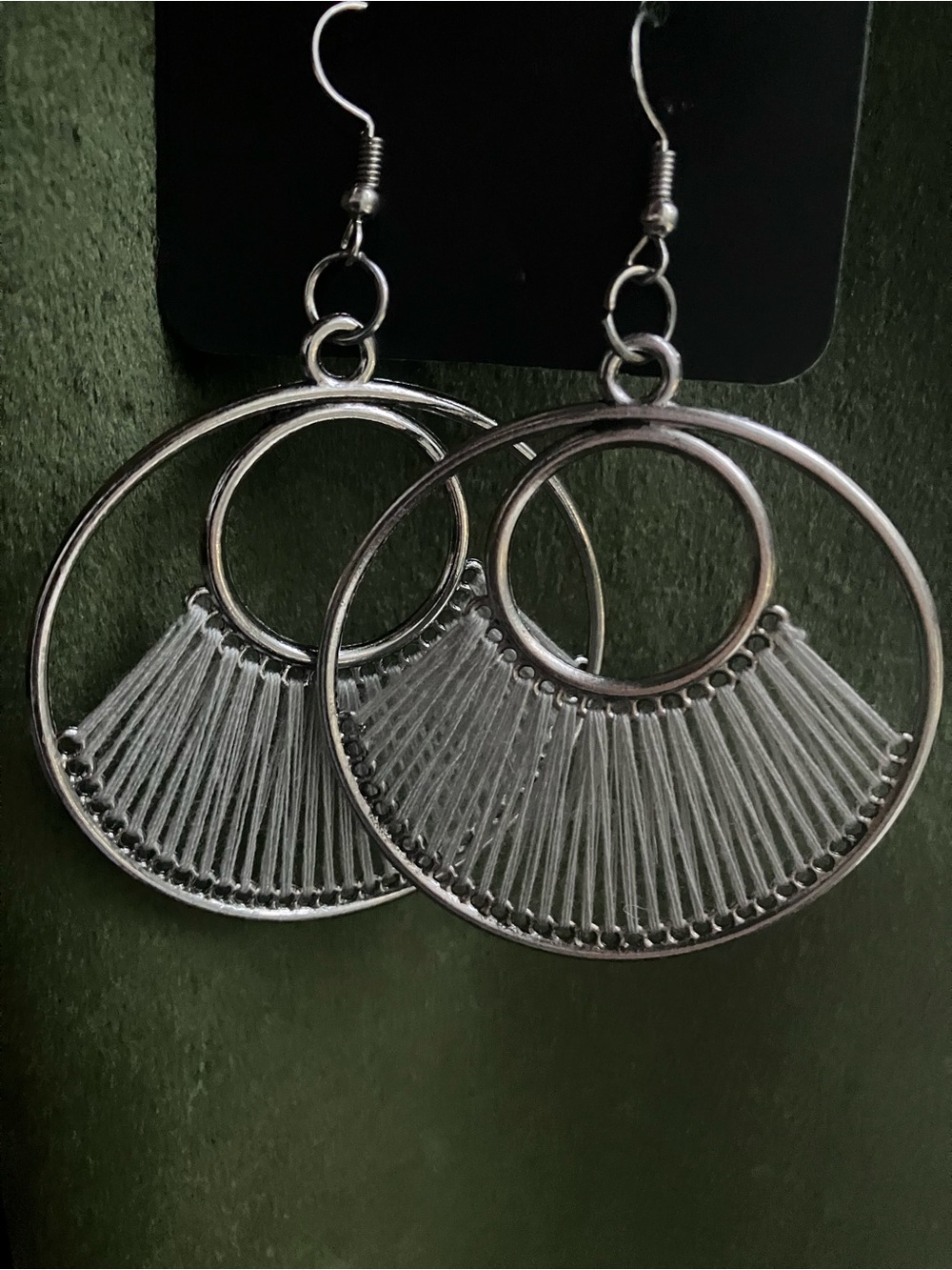 Silver hoops with grey string detail